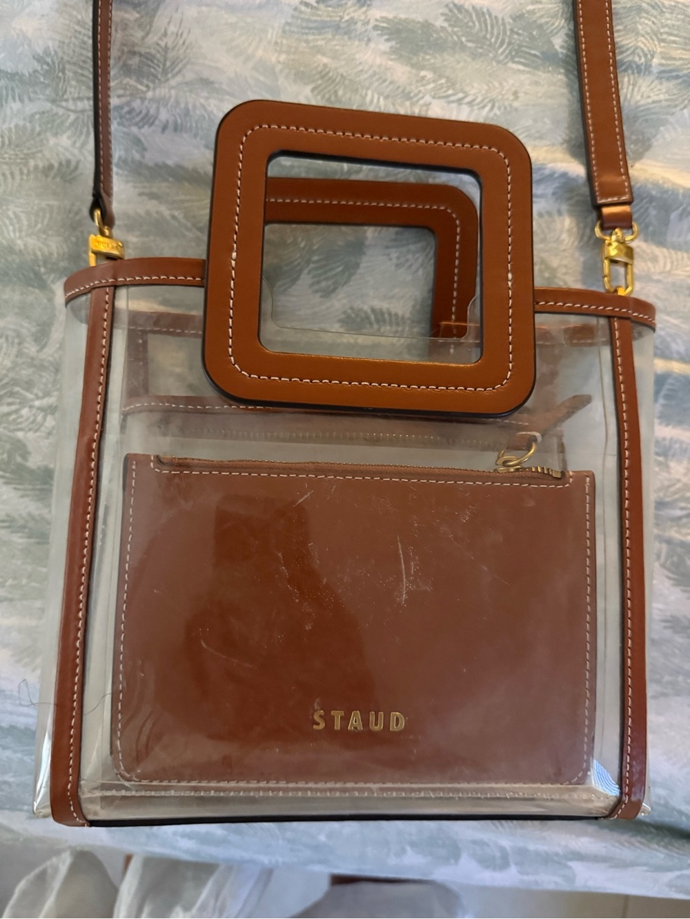 STAUD Clear Crossbody with Brown Leather Trim & Square Handle - Picture 1 of 8